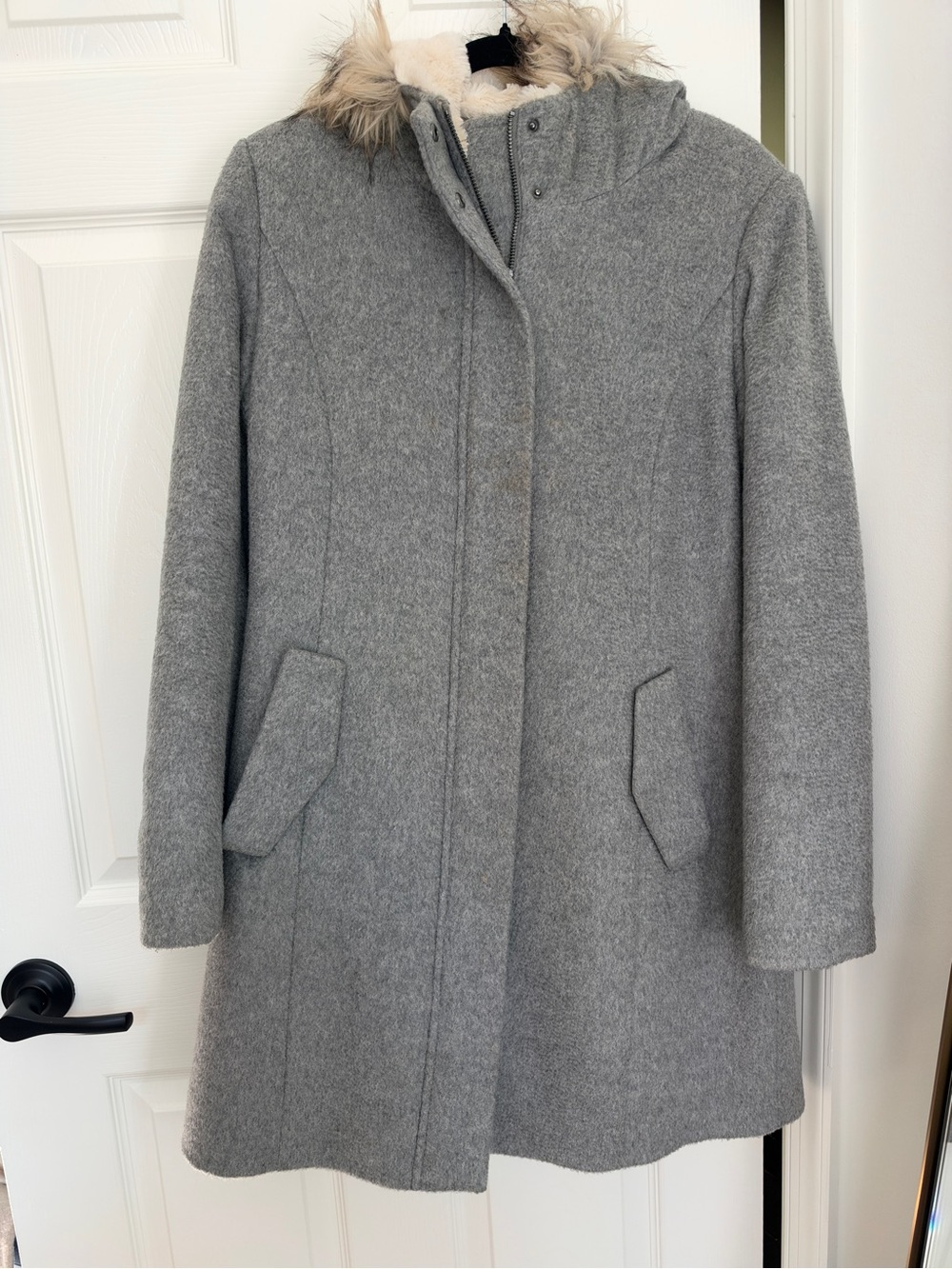 Cole Haan Gray Wool-Blend Hooded Pea Coat with Faux Fur Trim